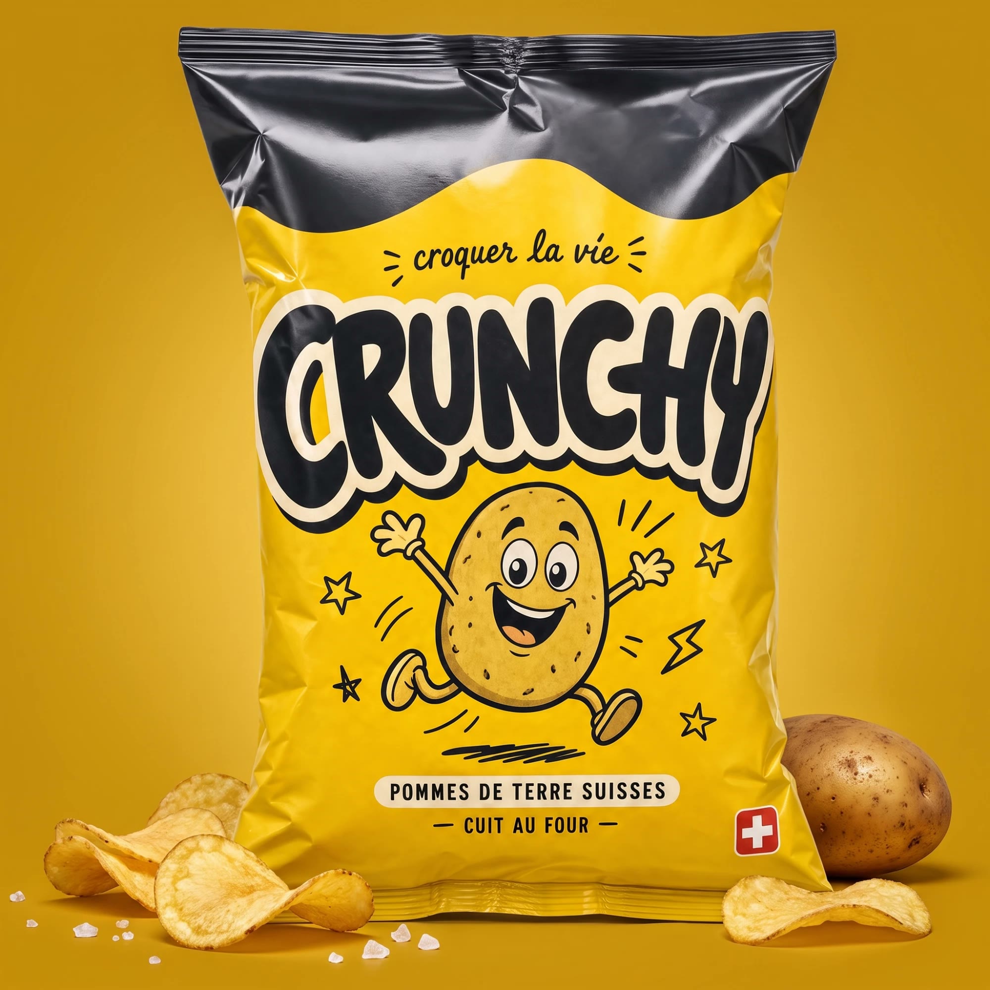Crunchy — Packshot auf gelbem Hintergrund