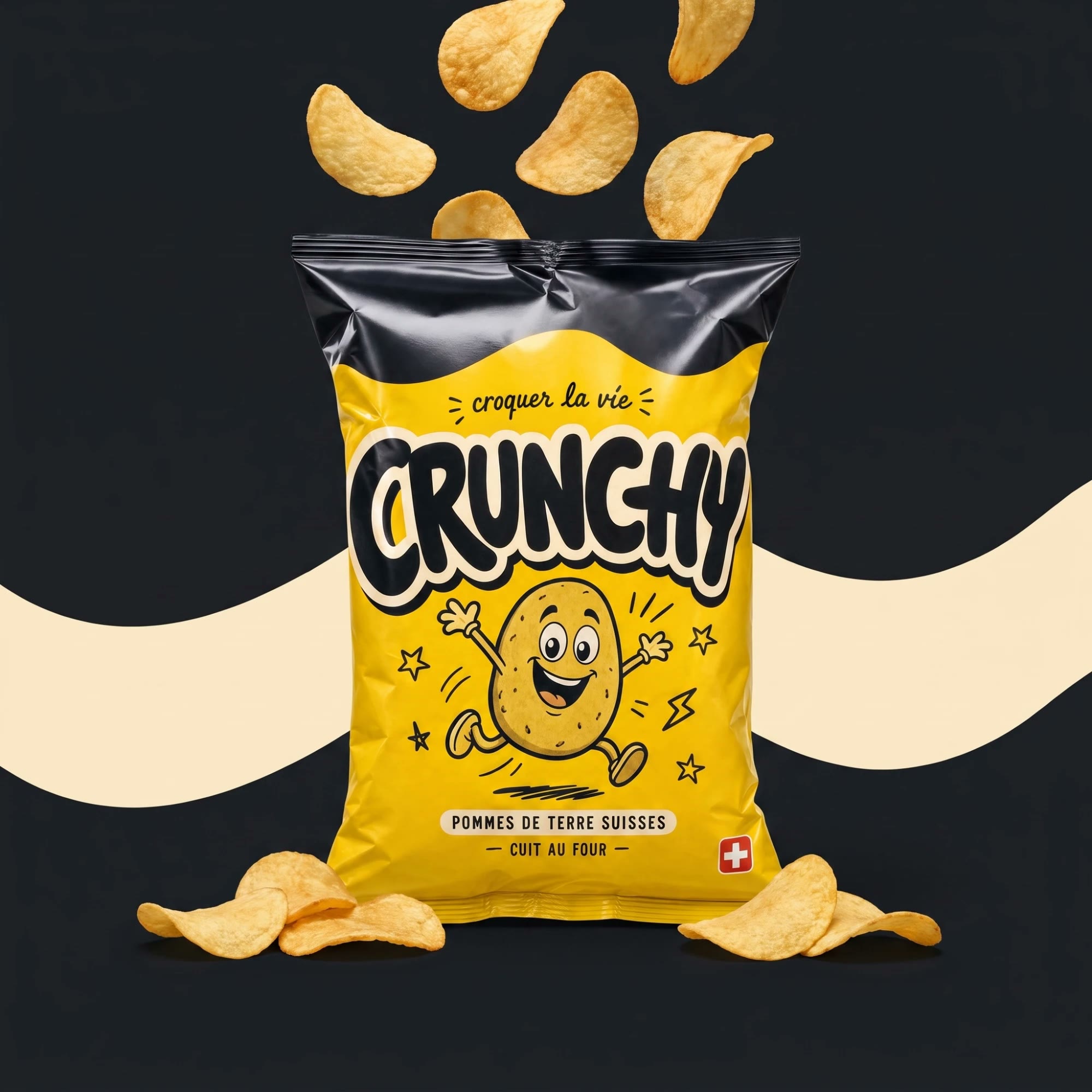 Crunchy — Packshot auf schwarzem Hintergrund, Chipsregen