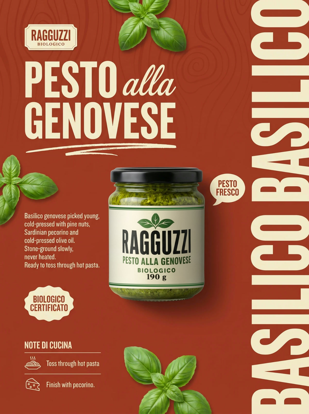 Ragguzzi — rotes Plakat Pesto alla genovese